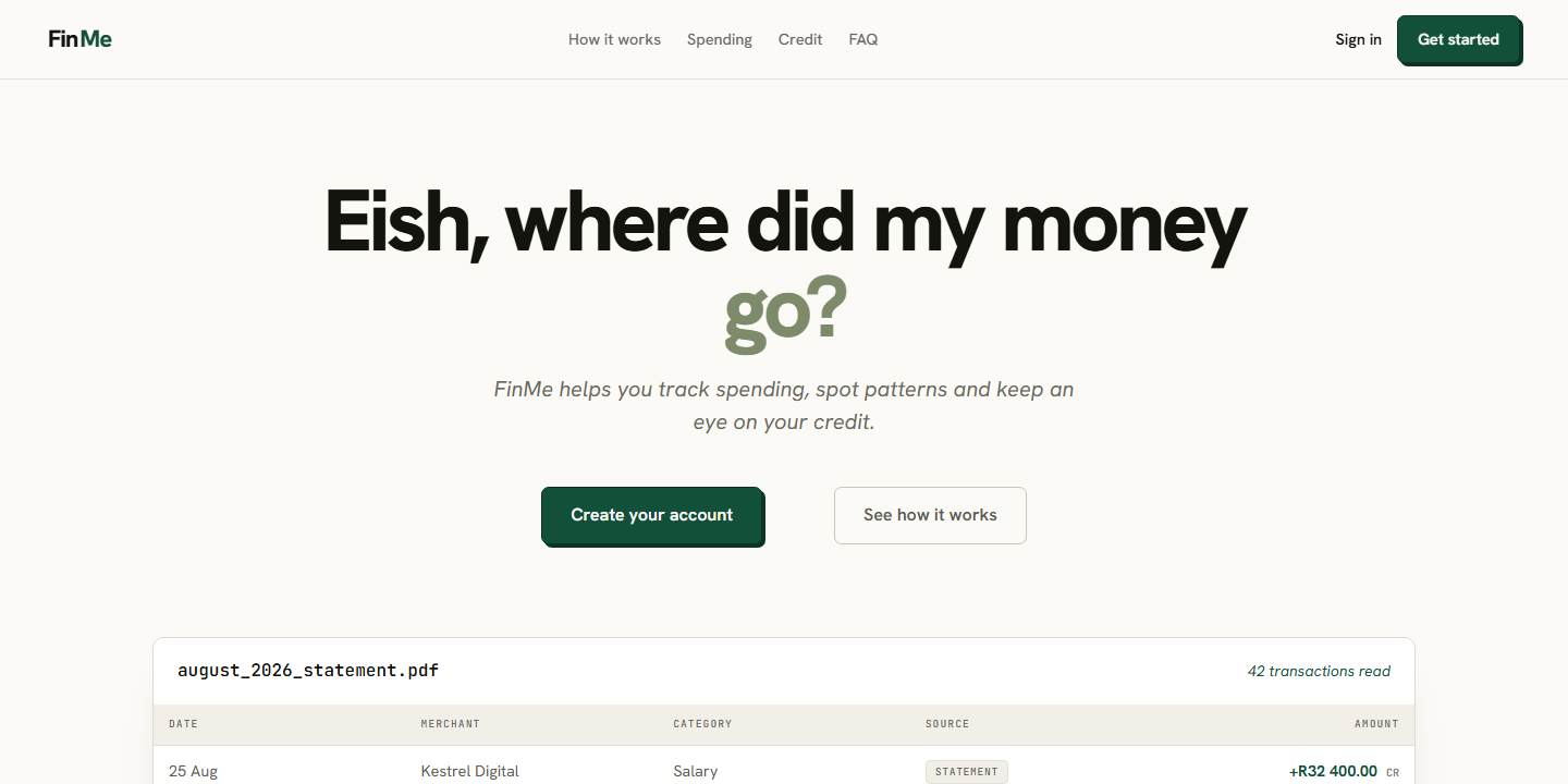 FinMe landing page with the headline Eish, where did my money go?