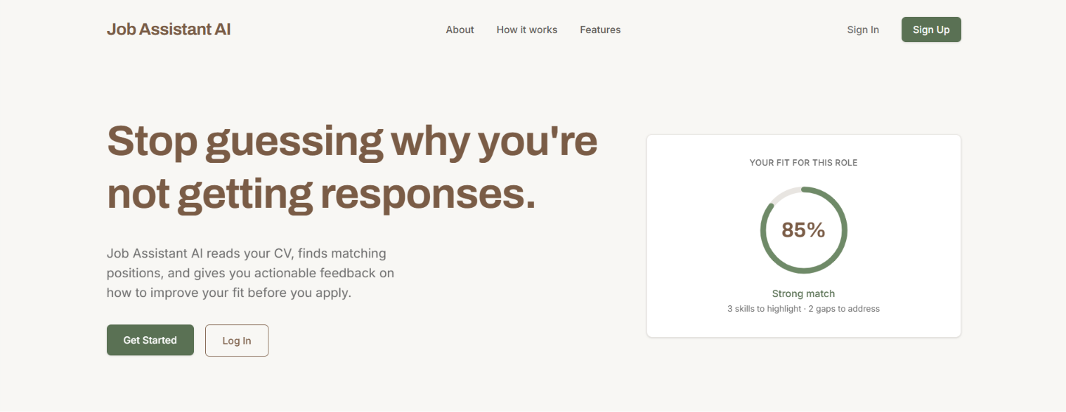 Job Assistant AI landing page showing an 85% fit score for a role
